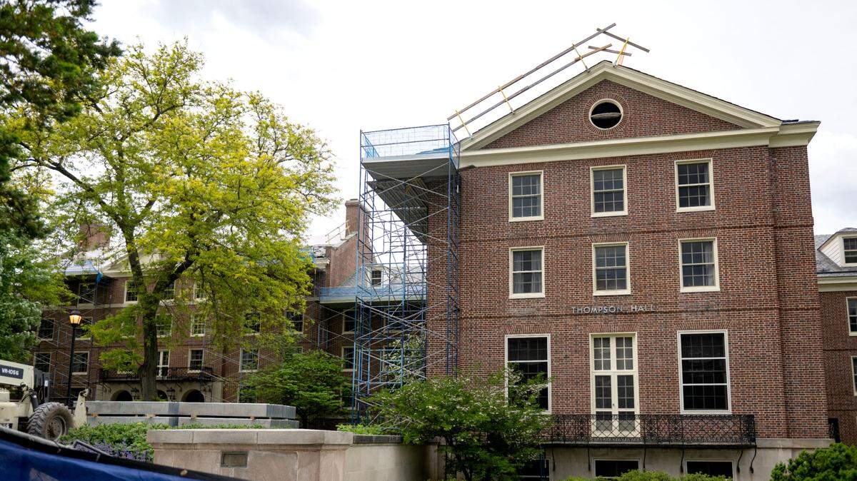 Scaffolding is pictured around Thompson Hall on the Penn State campus on Tuesday, May 27, 2025.