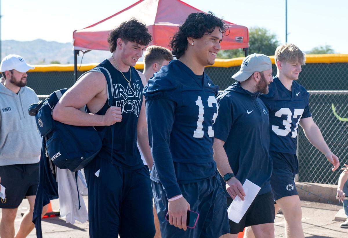 Penn State players Drew Allar and Tony Rojas arrives for practice for the Fiesta Bowl on Sunday, Dec. 29, 2024 at Tempe Diablo Stadium.