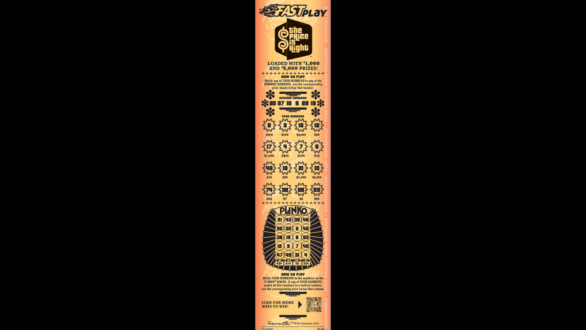 This promotional photo shows a sample fast-play ticket themed after The Price Is Right.