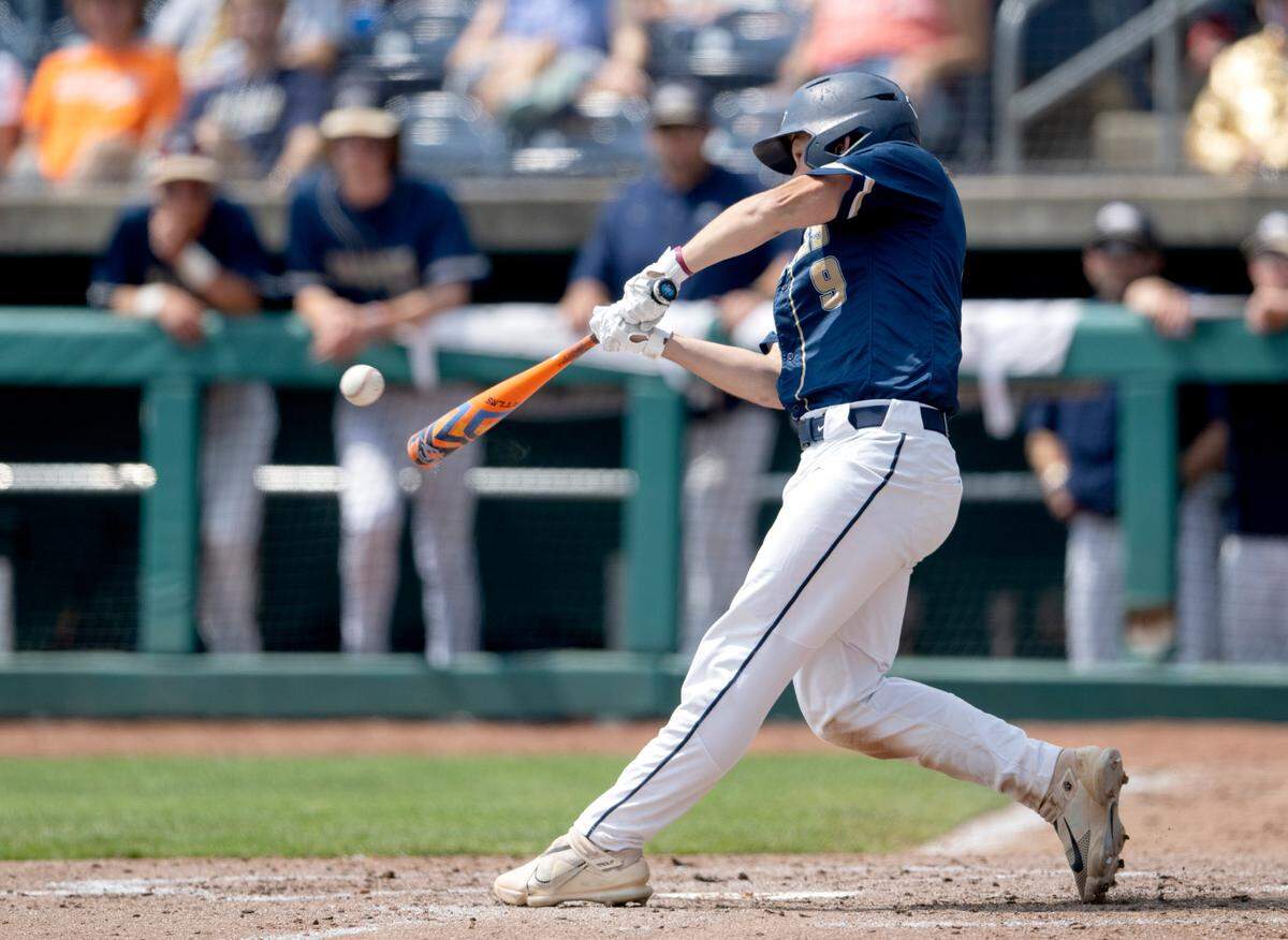 Bald Eagle Area’s Tayten Yoder hits a triple that scores 3 runs during the PIAA Class 2A championship game against Mount Union at Medlar Field on Saturday, June 17, 2023.