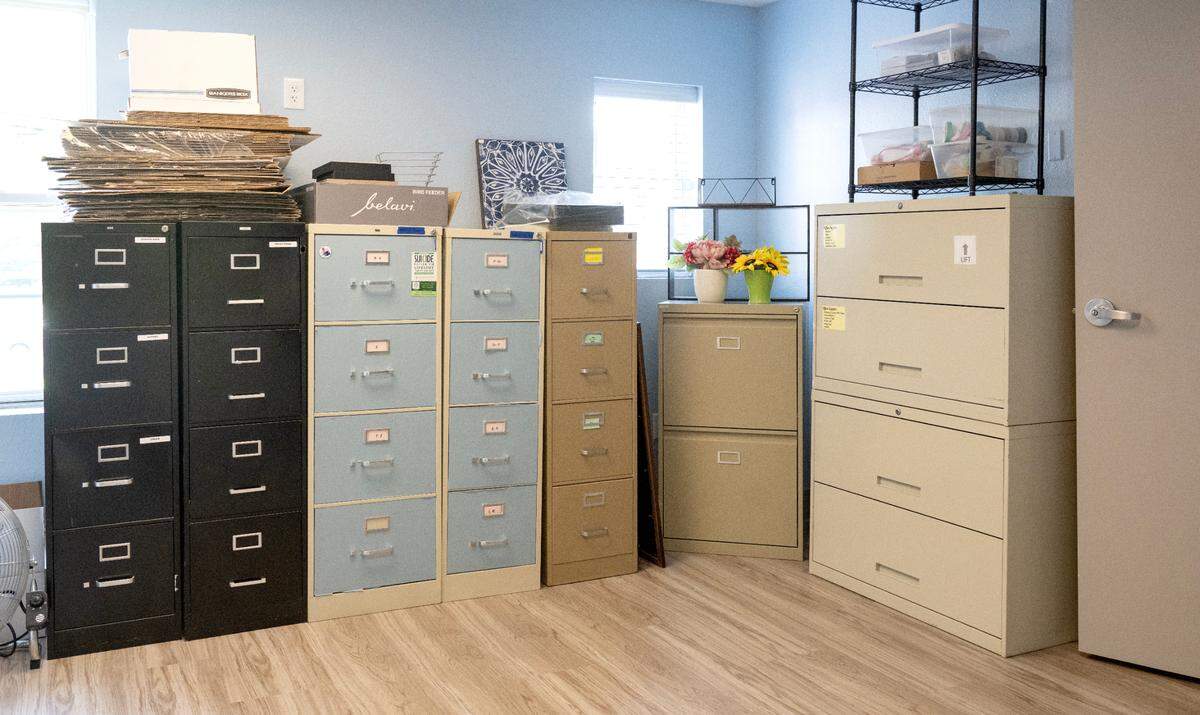 A storage space that allow room to keep files at Centre Helps’ new location at 406 S. Pugh St. on Wednesday, June 11, 2025.