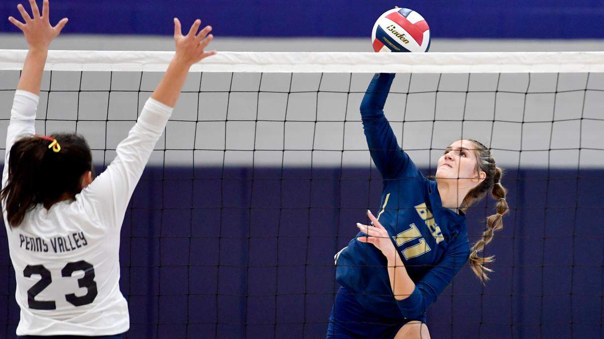 Bald Eagle Area’s Madison Perry hits the ball during the match against Penns Valley on Wednesday, Oct. 20, 2021.