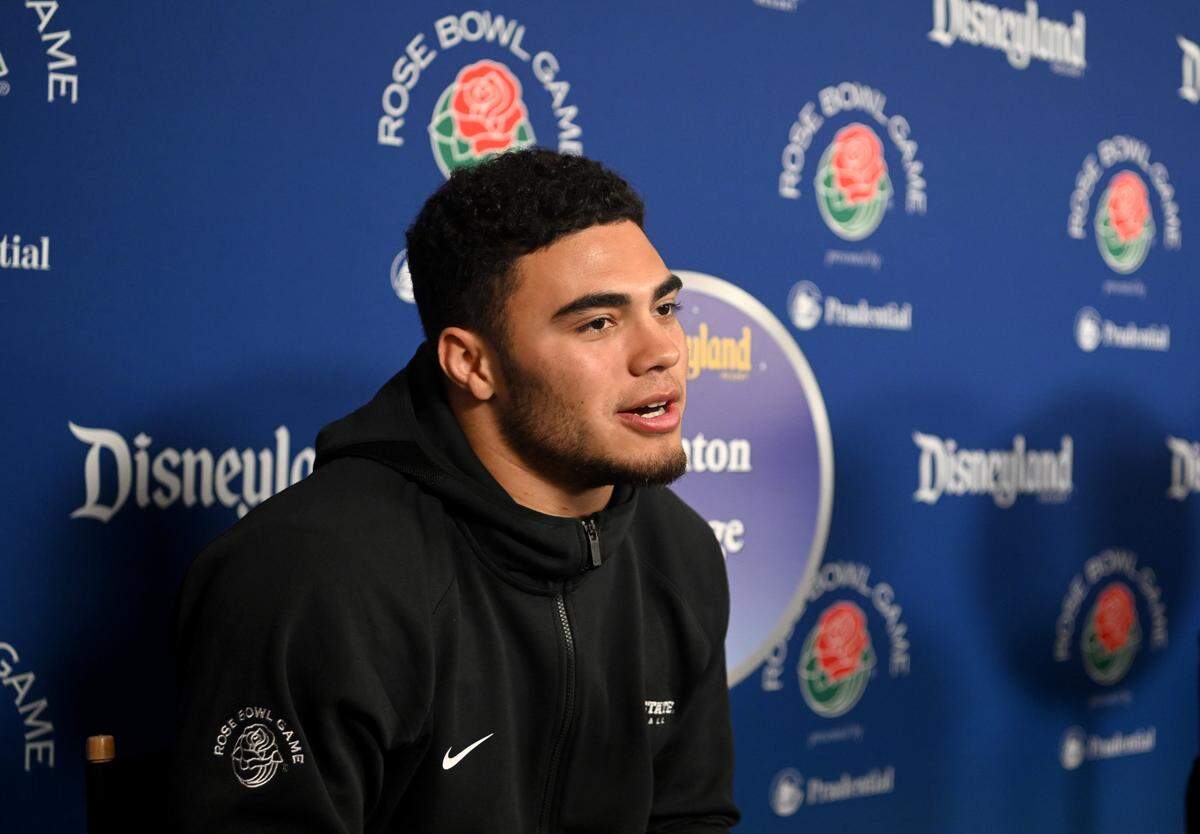 Penn State tight end Brenton Strange talks to the media from Disneyland as part of the Rose Bowl kick off event on Wednesday, Dec. 28, 2022