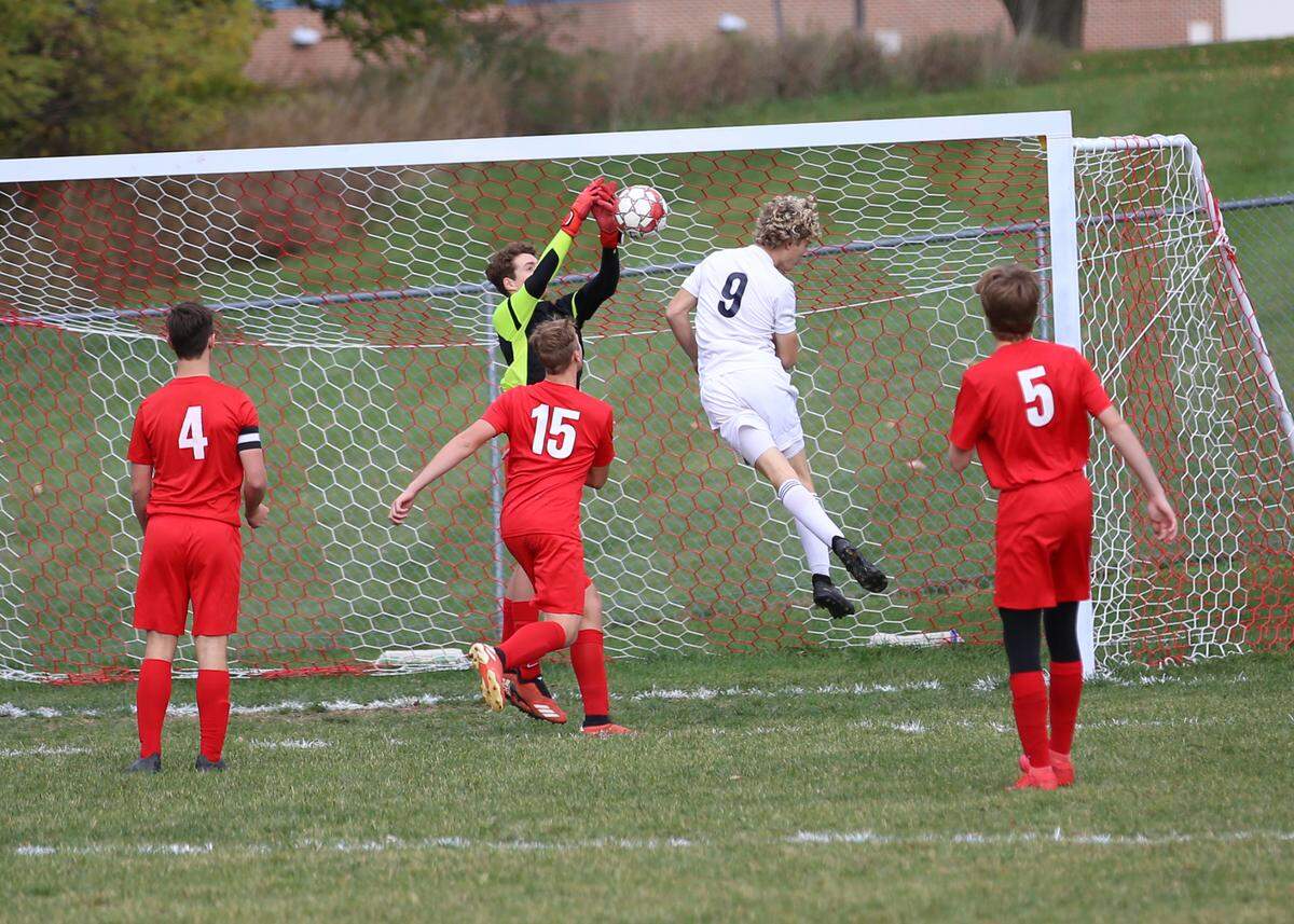 Penns Valley senior midfielder Connor Martz (No. 9) beats a sea of defenders to score the Rams first goal of the match at 1:58 during Penns Valley’s contest at Central on Tuesday Oct. 20.