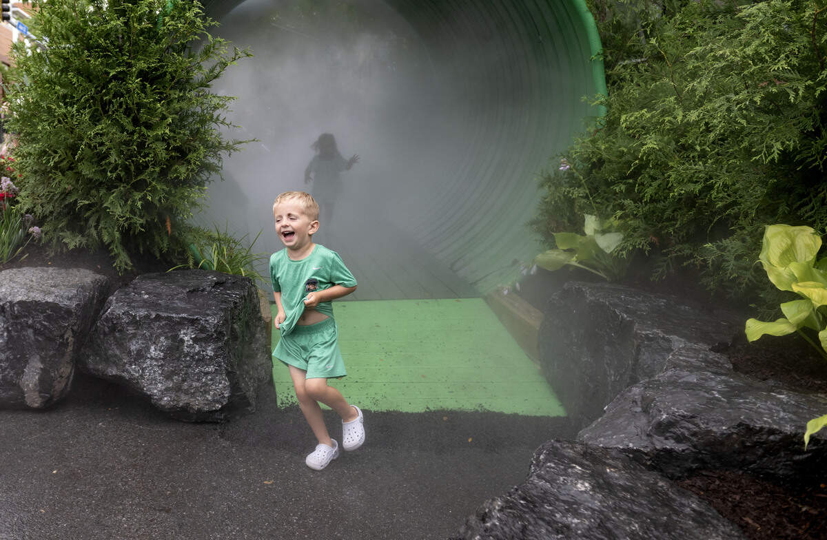 Reid Arcana, 5, laughs as he runs through the mister followed by his sister Rosie, 2, during the Children and Youth Day at the Central Pennsylvania Festival of the Arts on Wednesday, July 8, 2026.