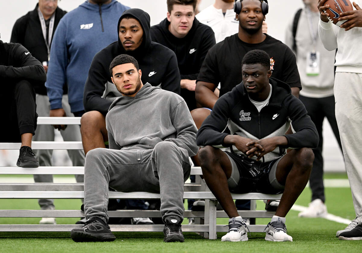 Former Penn State tight end and current Jacksonville Jaguars player Brenton Strange watches old teammates run the 3 cone drill during Penn State’s Pro Day on Friday, March 15, 2024 in Holuba Hall.