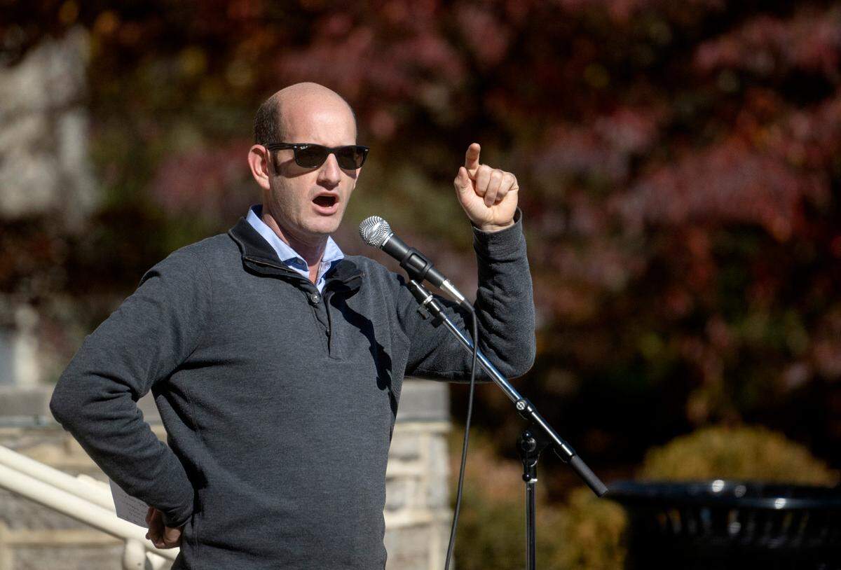 Penn State professor Josh Inwood speaks during the “We Believe in Anti-Racism and Racial Justice at Penn State” rally outside of Old Main on Thursday, Nov. 3, 2022.