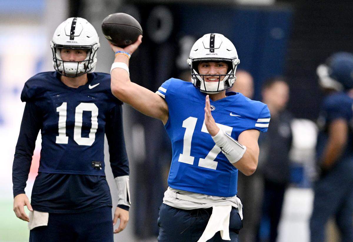 Penn State quarterback Ethan Grunkemeyer makes a pass during practice on Wednesday, Oct. 29, 2025. 