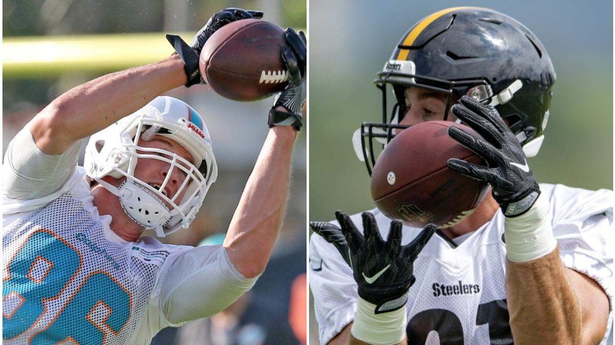 Miami Dolphins TE Mike Gesicki (left) and Pittsburgh Steelers TE Jesse James (right), both Penn State alumni, continue to stay in touch in the NFL.