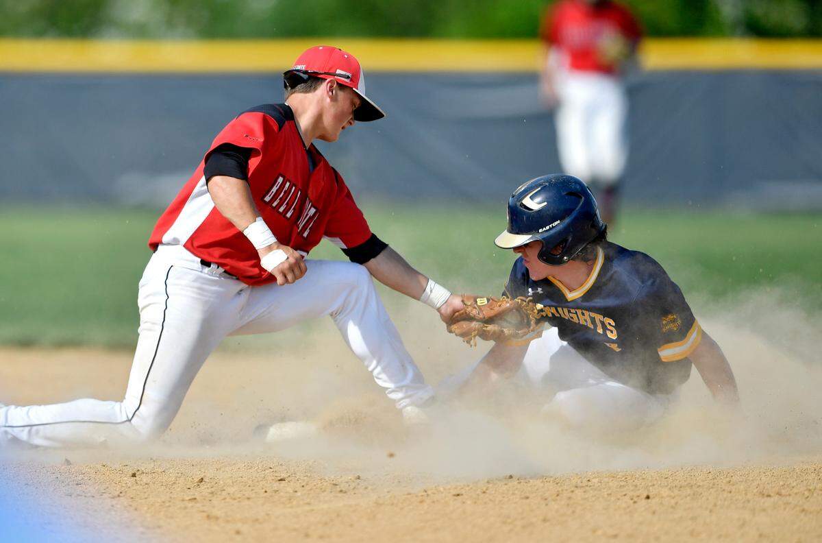Bellefonte’s Nick Capparelle tags out Eastern York’s Drew Dellinger at second  in the PIAA playoffs on Monday, June 7, 2021.  