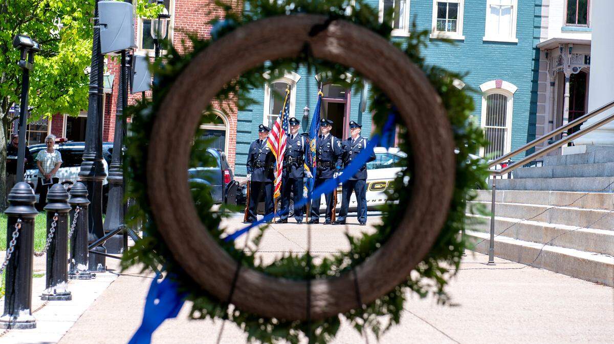 Police officers and others attended the annual Centre County Law Enforcement Memorial ceremony at the Centre County Courthouse in Bellefonte on Wednesday.