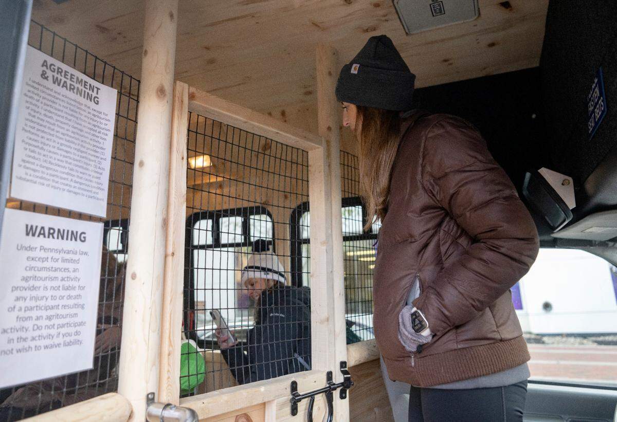 Tara Immel watches as visitors laugh and enjoy their visit on the new Nittany Meadow Farm’s Goats2Go bus on Friday, Nov. 18, 2022. The bus has been turned into a barn on wheels that allows several people on at a time to pet and snuggle with the baby goats.