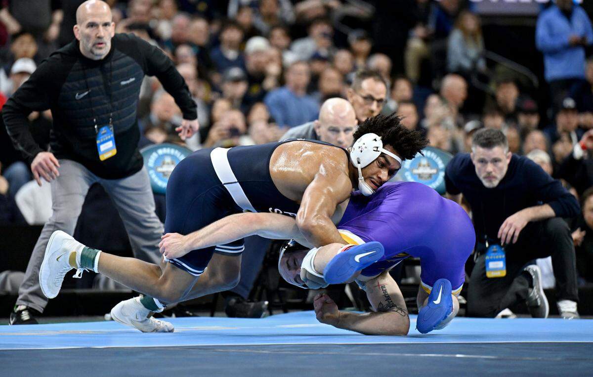 Penn State’s Carter Starocci wrestles Northern Iowa’s Parker Keckeisen in the 184-pound championship bout of the 2025 NCAA Wrestling Championships at the Wells Fargo Center in Philadelphia on Saturday March 22, 2025.