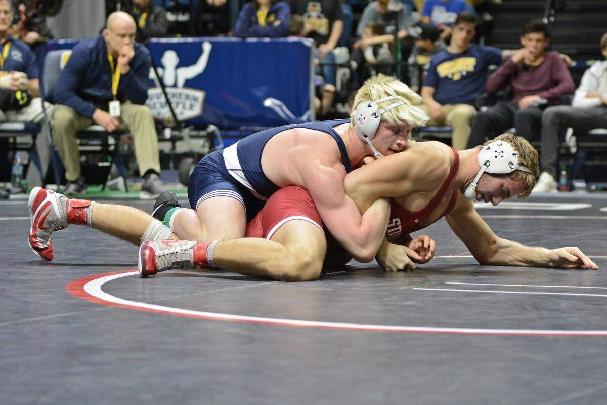 Penn State’s Bo Nickal controls Stanford’s Nathan Traxler in their 197-pound final of the Southern Scuffle on Wednesday. Nickal’s pin of Traxler in 2:09 secured the Nittany Lions’ eighth Southern Scuffle title.