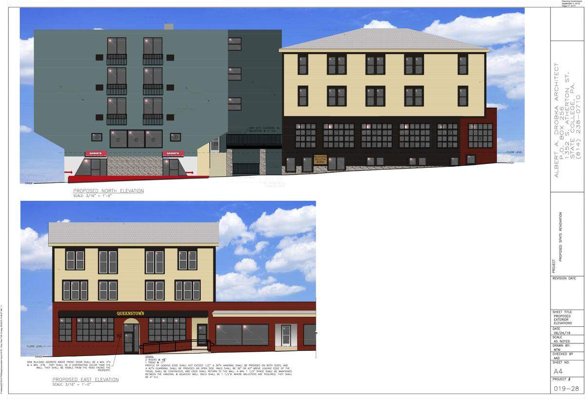 A rendering of the planned Queenstown restaurant at 124 E. College Ave. Top, the view from South Pugh Street, bottom, the view from East College Avenue.