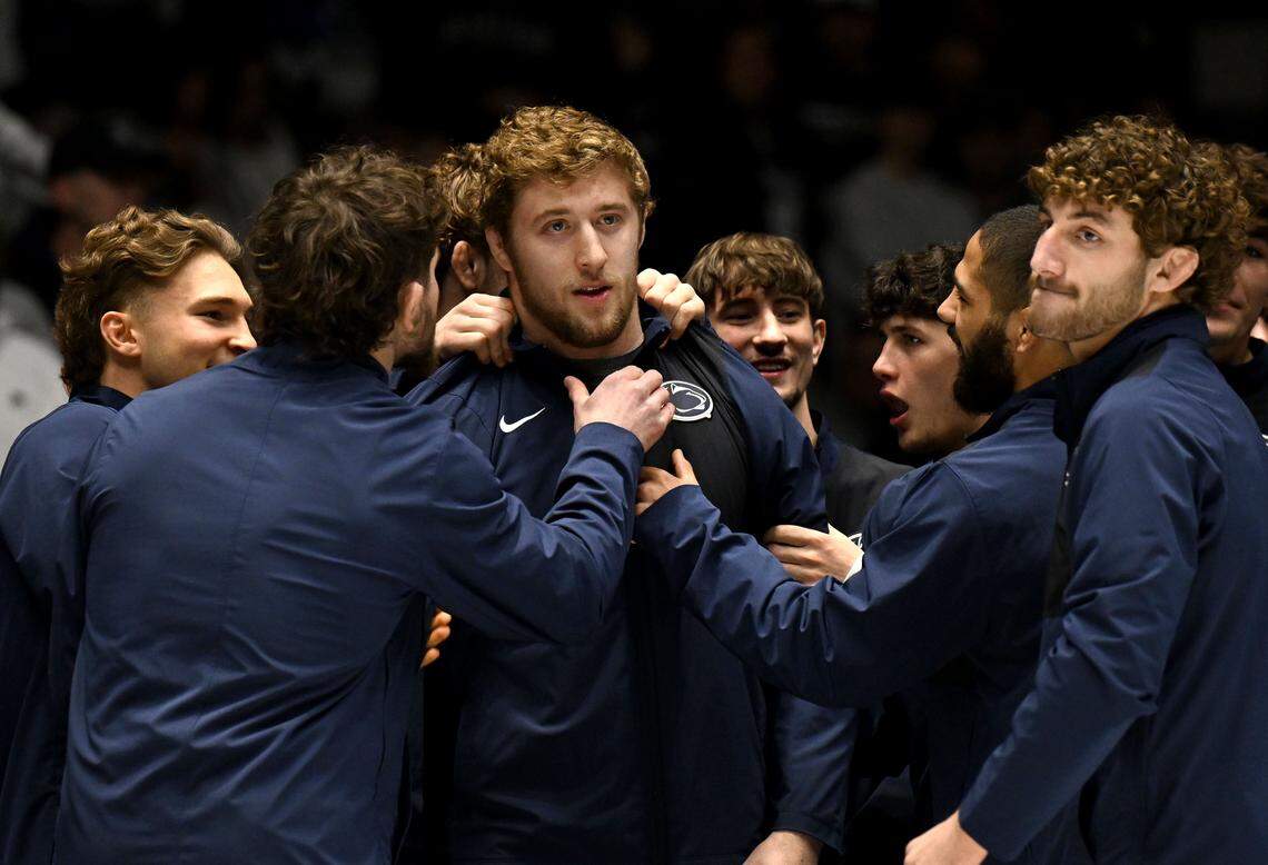 Penn State’s Cole Mirasola is pumped up by his teammates as he is announced before the match against Indiana on Friday, Jan. 23, 2026.