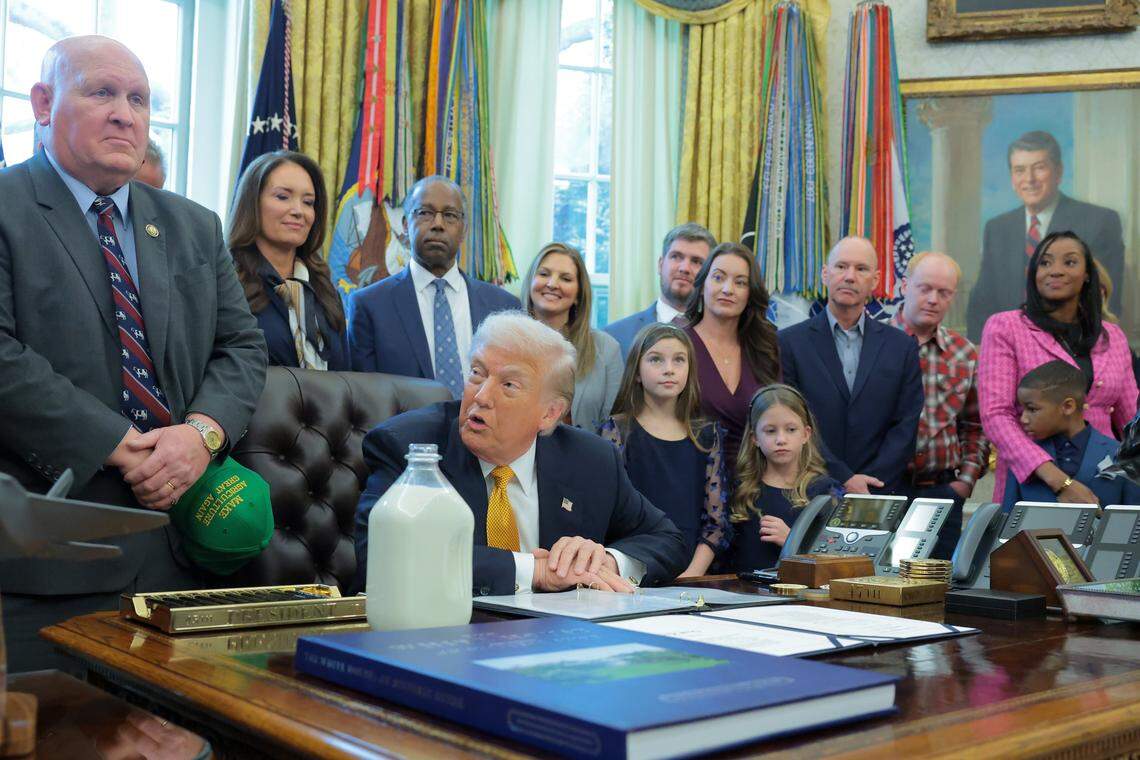 WASHINGTON, DC - JANUARY 14: U.S. President Donald Trump speaks during a bill signing with dairy farmers in the Oval Office of the White House on January 14, 2026 in Washington, DC. Trump is expected to sign a series of bills including the "Whole Milk for Healthy Kids Act" to allow the sale of whole milk in school cafeterias across the country. (Photo by Anna Moneymaker/Getty Images)