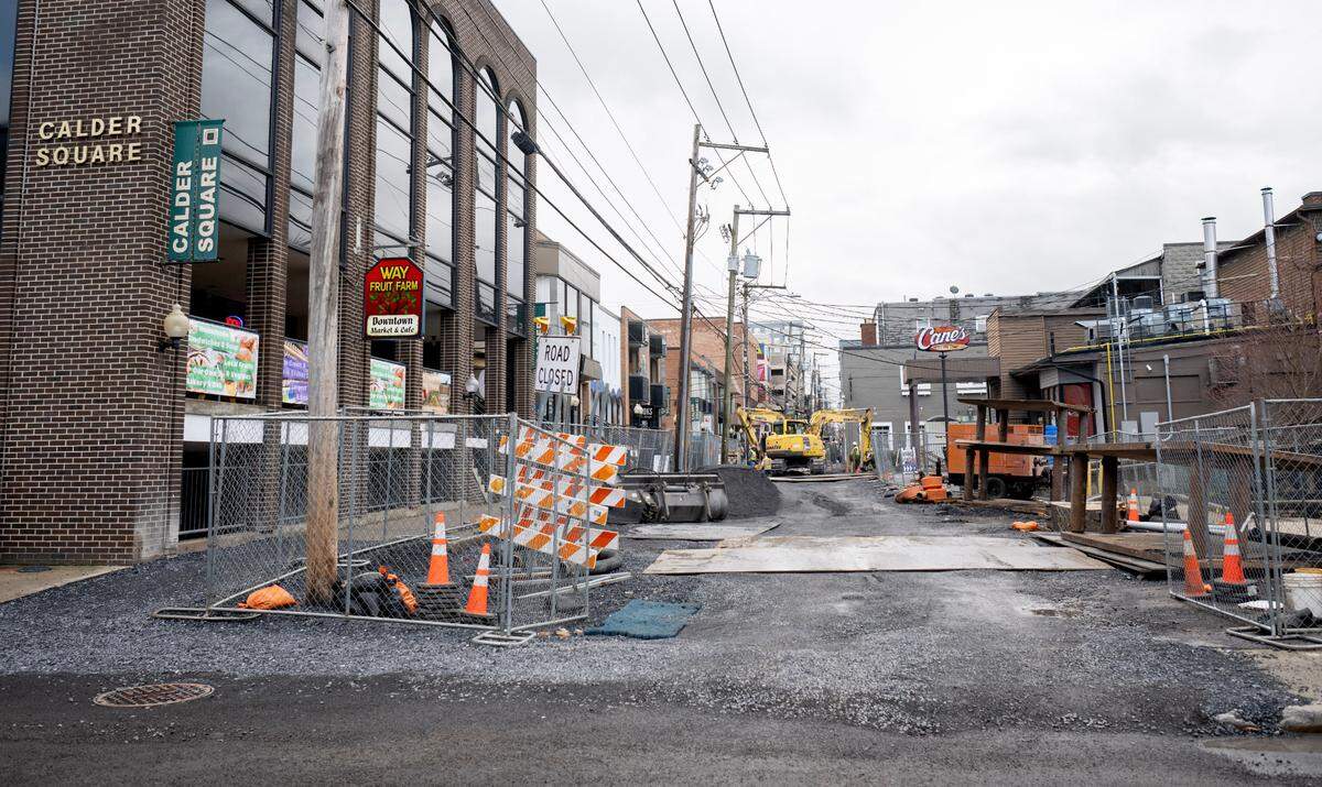 Calder Way between McAllister Street and Pugh Street is closed to traffic as construction continues on Thursday, April 4, 2024.