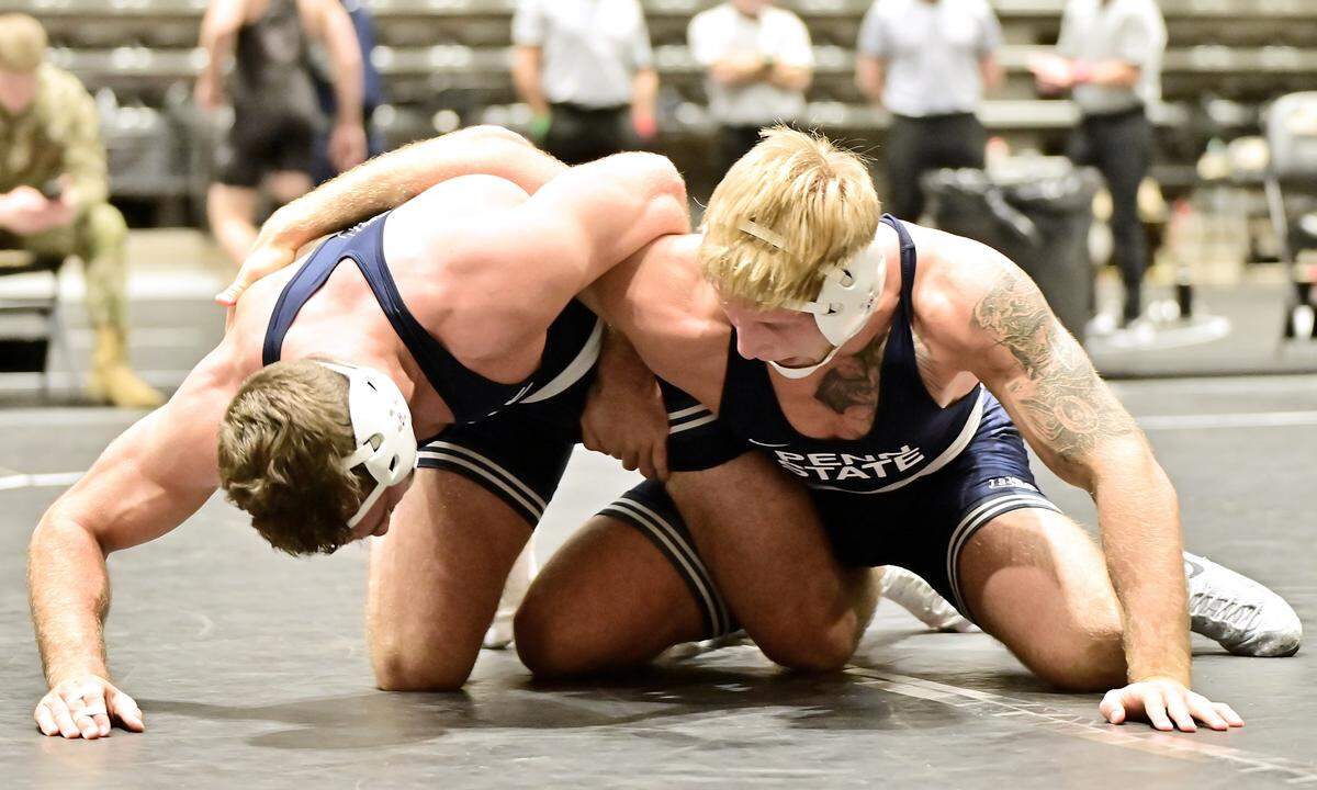 Penn State’s Josh Barr (right) and Lucas Cochran battle during a takedown attempt during their 197-pound finals bout of the Black Knight Invitational on Sunday at West Point, NY. Barr beat Cochran, 10-1.