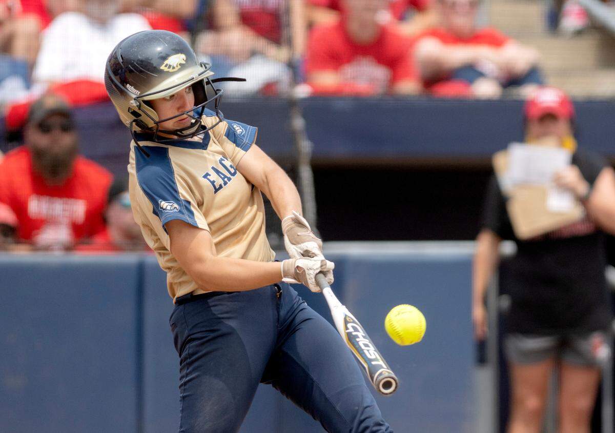 Bald Eagle Area’s Rachel Bryan hits a homer during the PIAA class 2A championship game against Everett at Beard Field on Thursday, June 15, 2023.