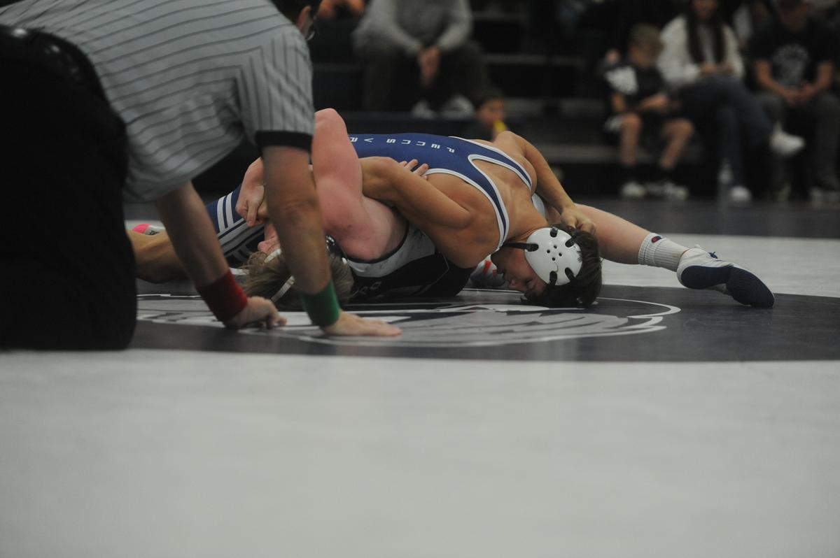 Penns Valley’s Colten Shunk looks for the fall of Philipsburg-Osceola’s Hunter Kephart in their 133-pound match of the Rams’ 51-14 win on Tuesday, January 17, 2023. Shunk did pin Kephart in 3:59.