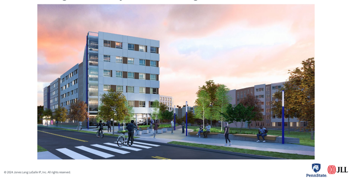 Penn State is moving forward with a ground lease for a 1,500 bed housing project at University Drive and College Avenue on its University Park campus. This rendering shows what the development may look like.