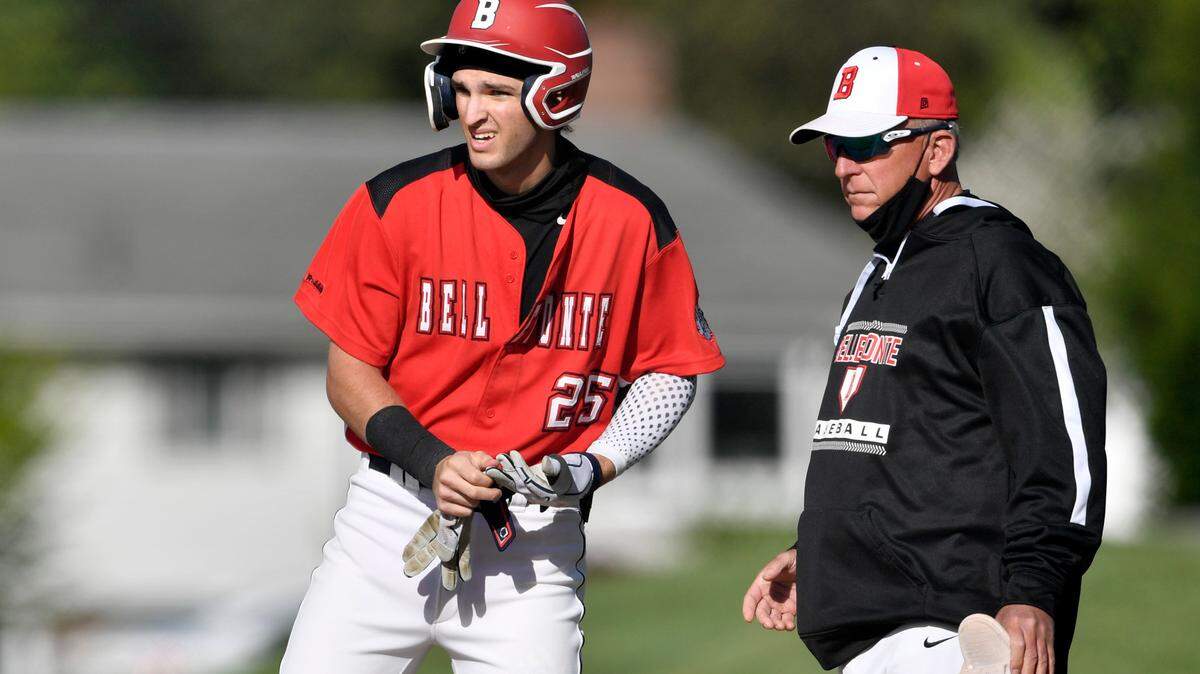 Bellefonte’s Bobby Marsh stands on first after his RBI that scored the games only run in the win over Philipsburg-Ocseola on Monday, May 10, 2021.