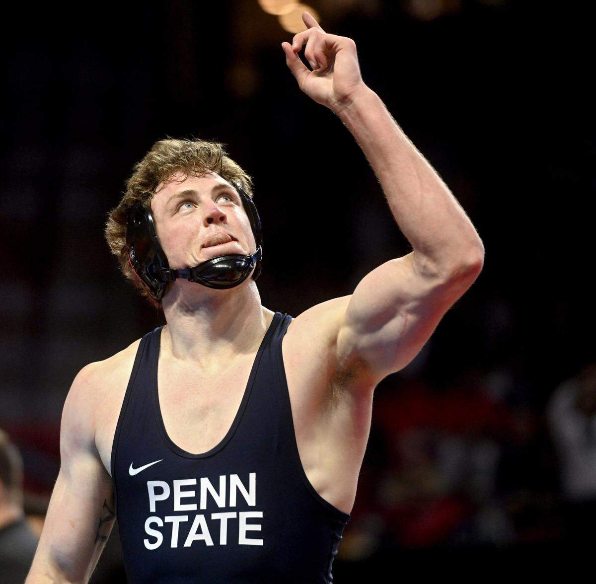 Penn State’s Bernie Truax celebrates his win over Nebraska’s Lenny Pinto in a 184 lb semifinal bout of the Big Ten Wresting Championships at the Xfinity Center at the University of Maryland on Saturday, March 9, 2024.