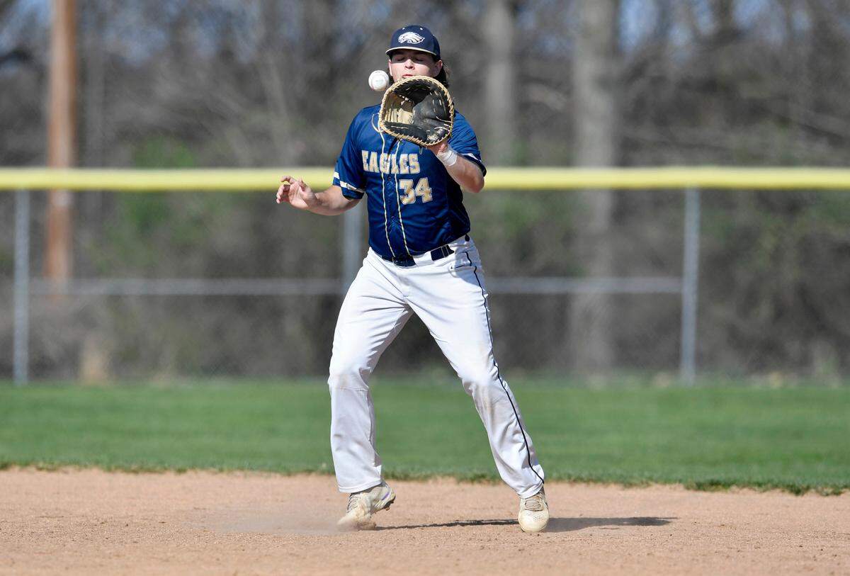 Bald Eagle Area’s McGwire Heverly catches a line drive during the game against Philipsburg-Osceola on Thursday, April 28, 2022.