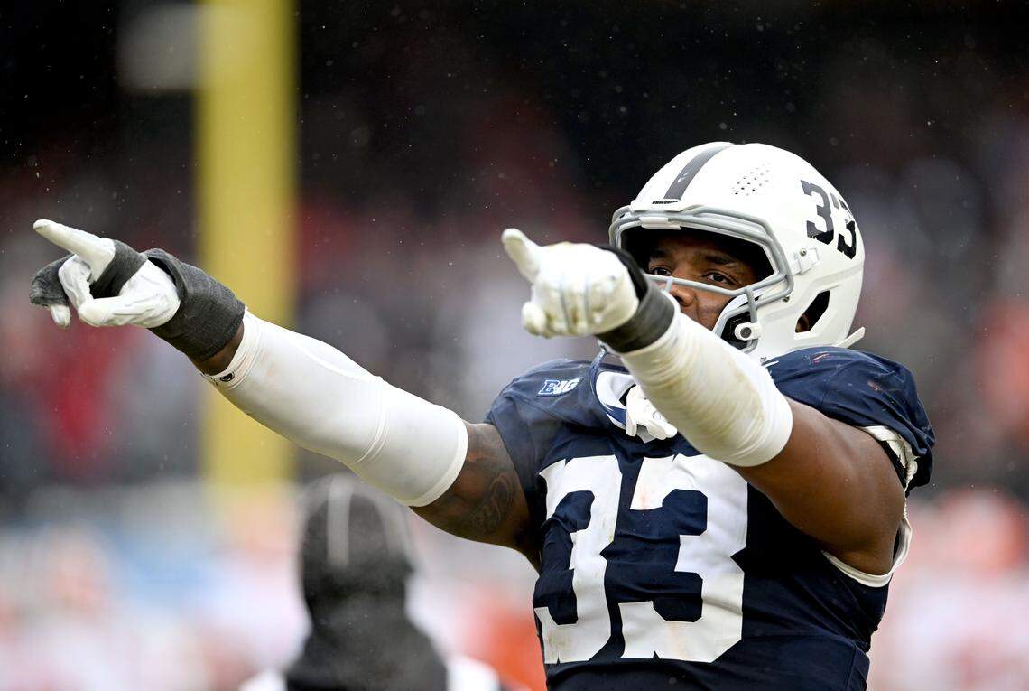 Penn State defensive end Dani Dennis-Sutton points to the crowd after a play during the Pinstripe Bowl at Yankee Stadium on Saturday, Dec. 27, 2025.