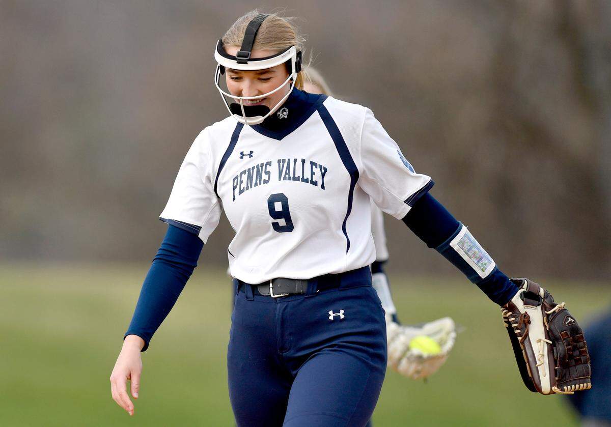 Penns Valley’s Kailen Winkelblech laughs with her teammates as they take the field for an inning of the game against Bellefonte on Monday, April 4, 2022.