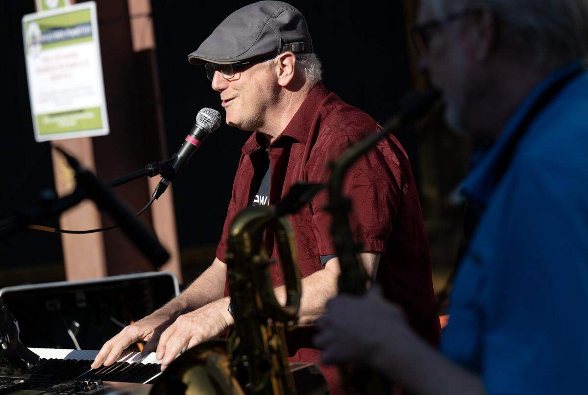 JT Thompson and Mugsy Gallagher play during the opening block party for East End Social on Thursday, May 28, 2026. 