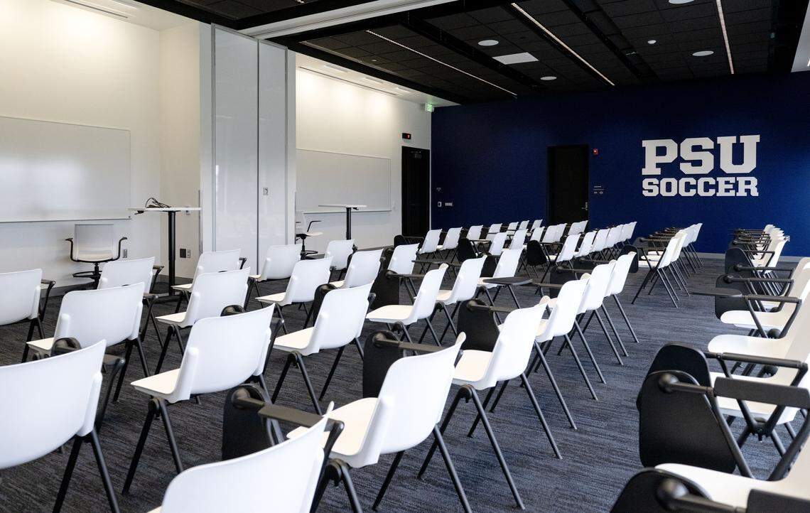 A large meeting space in the Jeffrey Field Soccer Complex. The room can be divided if both the men’s and women’s teams are meeting.