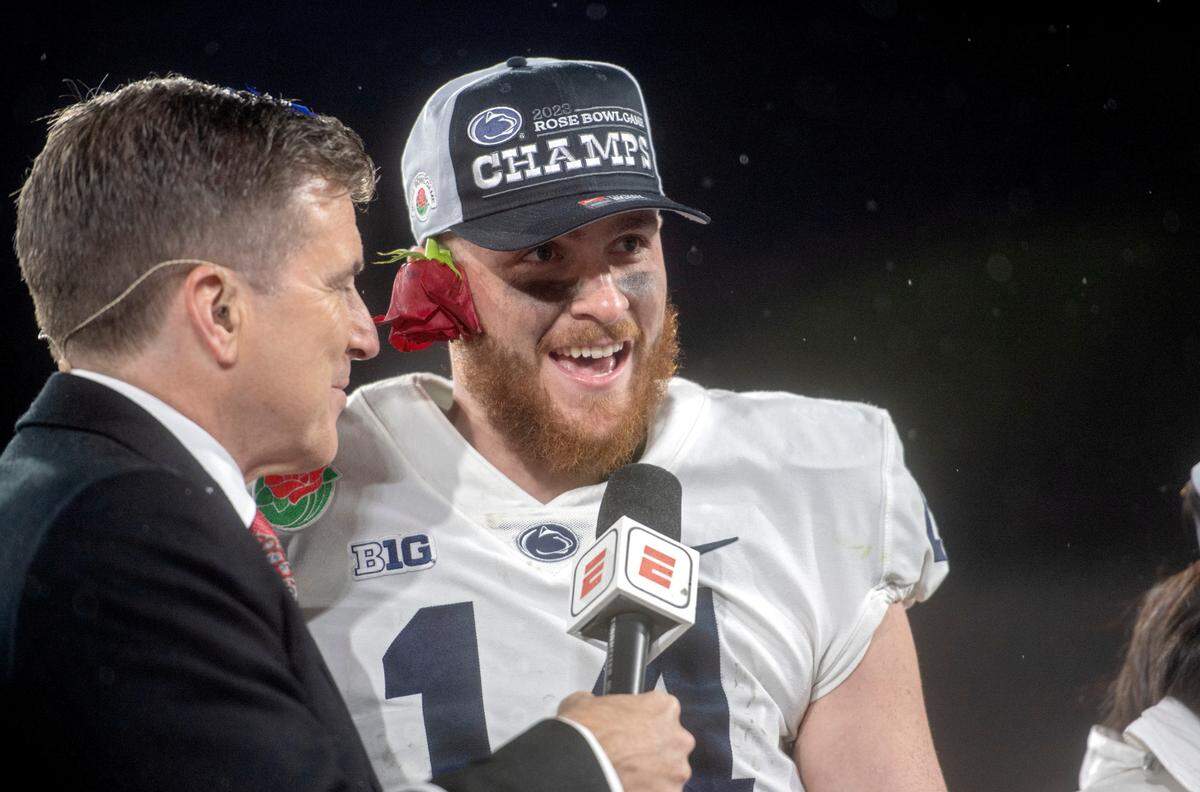 Penn State quarterback Sean Clifford is interviewed after being named the Rose Bowl offense MVP after the win over Utah on Monday, Jan. 2, 2023.