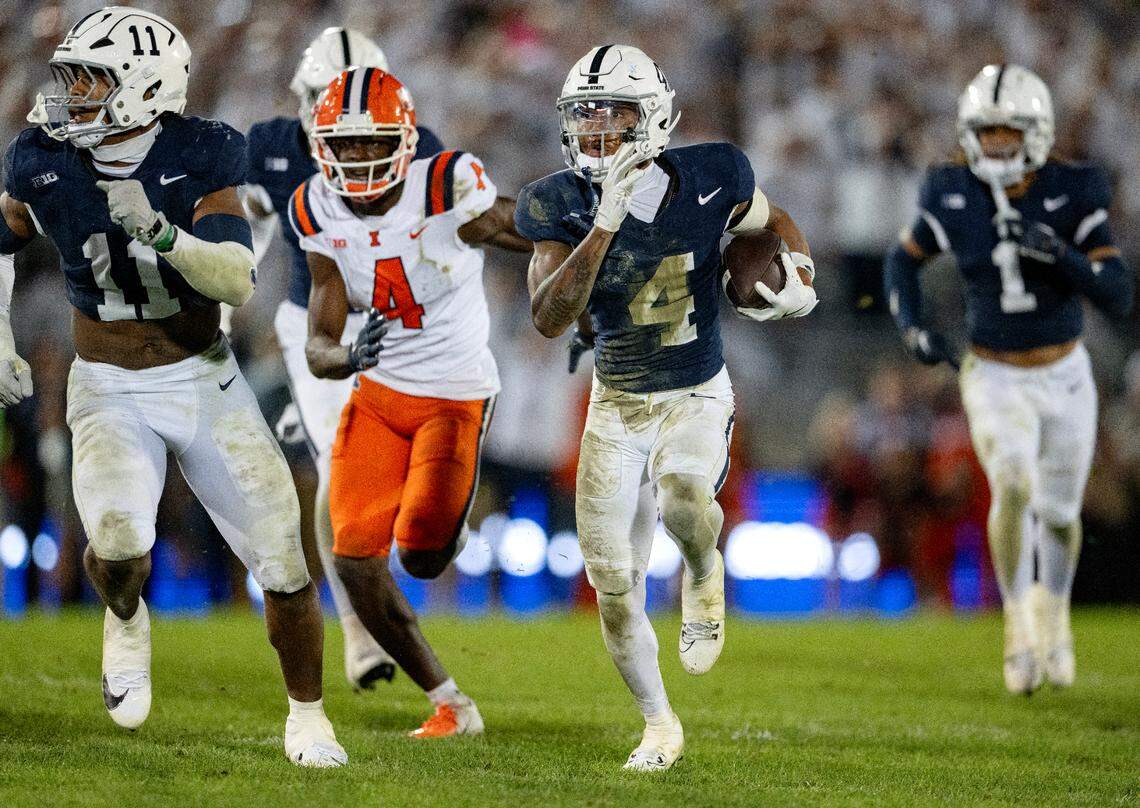Penn State cornerback A.J. Harris makes an interception and runs with it during the game on Saturday, Sept. 28, 2024.