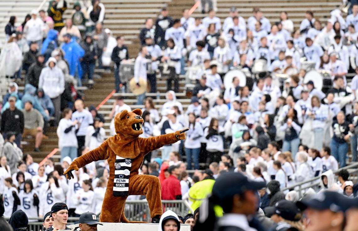 The Penn State Nittany Lion points to the crowd during the Blue-White Practice on Saturday, April 25, 2026 in Beaver Stadium. 