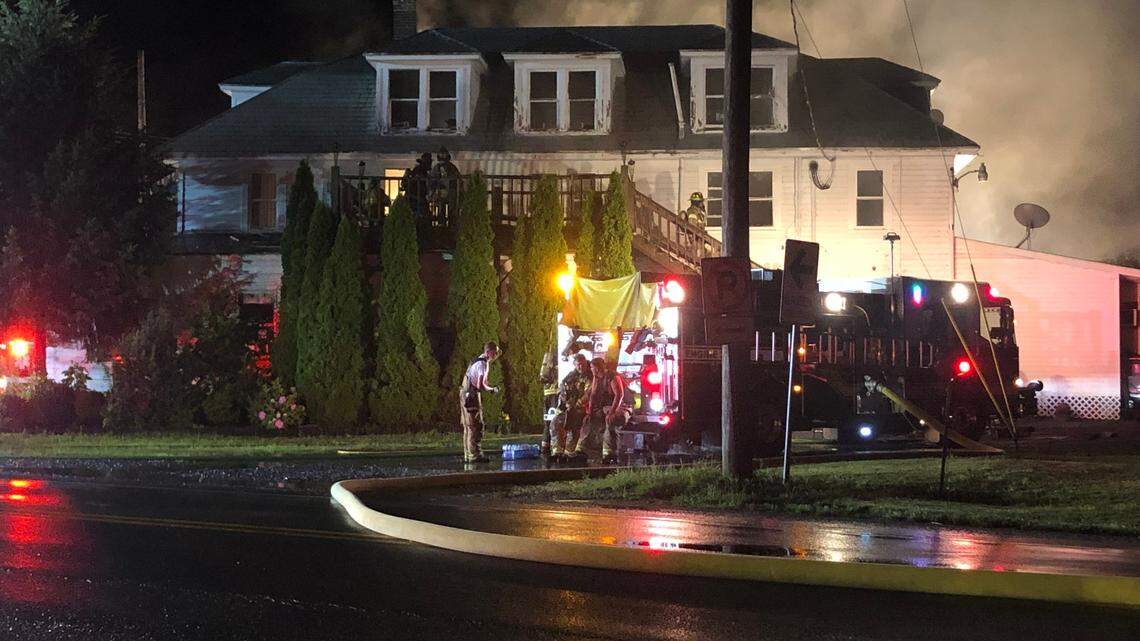 Crews battle a fire Sunday night at Kelly’s Diner at 850 S. Eagle Valley Road in Boggs Township.