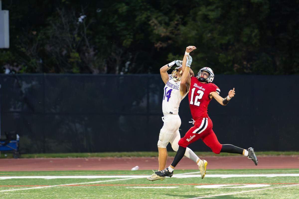 Bellefonte’s Landyn Langille interrupts the pass to Jack Gioiosa during a Friday night football game between Bishop Guilfoyle and Bellefonte in Bellefonte, Pa., on Friday, Sept. 5, 2025. The Marauders beat the Raiders 7-0.