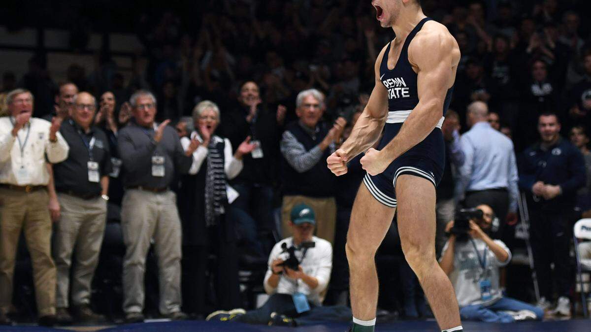 Penn State’s Anthony Cassar reacts after upsetting Ohio State’s Kollin Moore at 197 pounds last year at Rec Hall. Moore said the loss “sucked,” but he quickly put it behind him, and is now looking toward his next Nitany Lion challenger -- two-time national champ Bo Nickal.