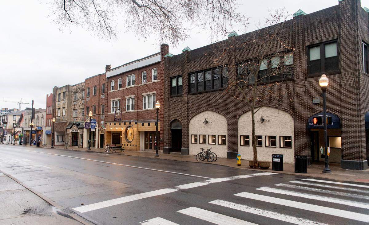 A quiet College Avenue in downtown State College on Saturday, March 28, 2020 after the governor announced Centre County to be part of the stay-at-home order.