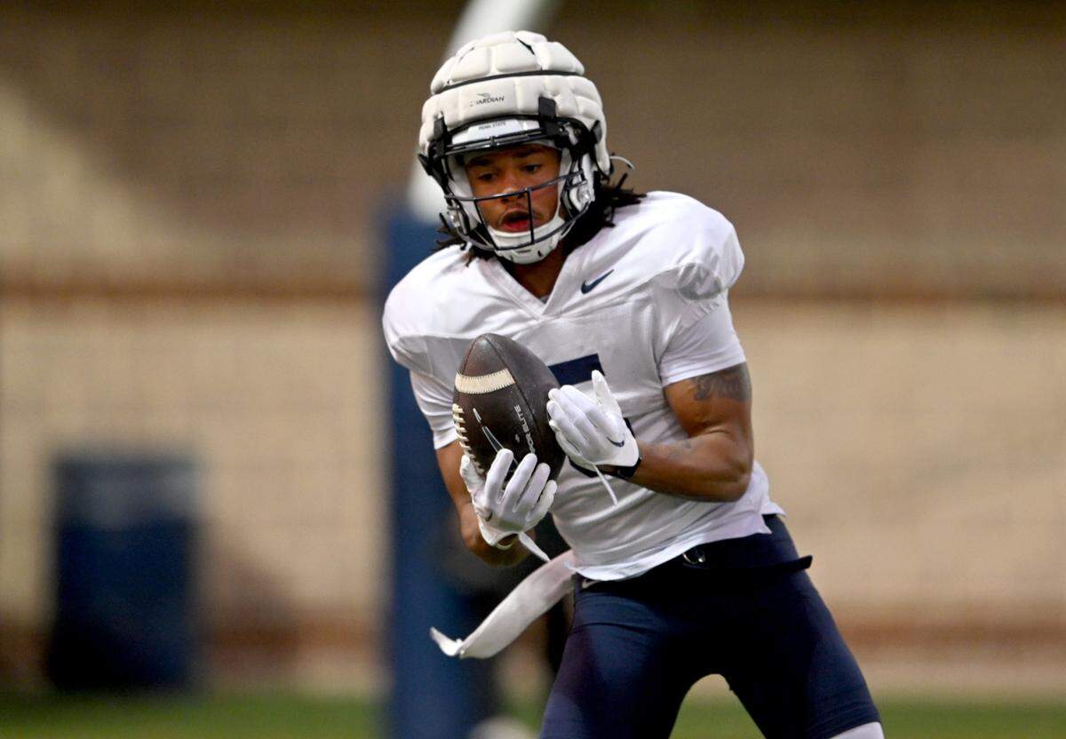Penn State wide receiver Omari Evans makes a catch during practice on Wednesday, Nov. 8, 2023.