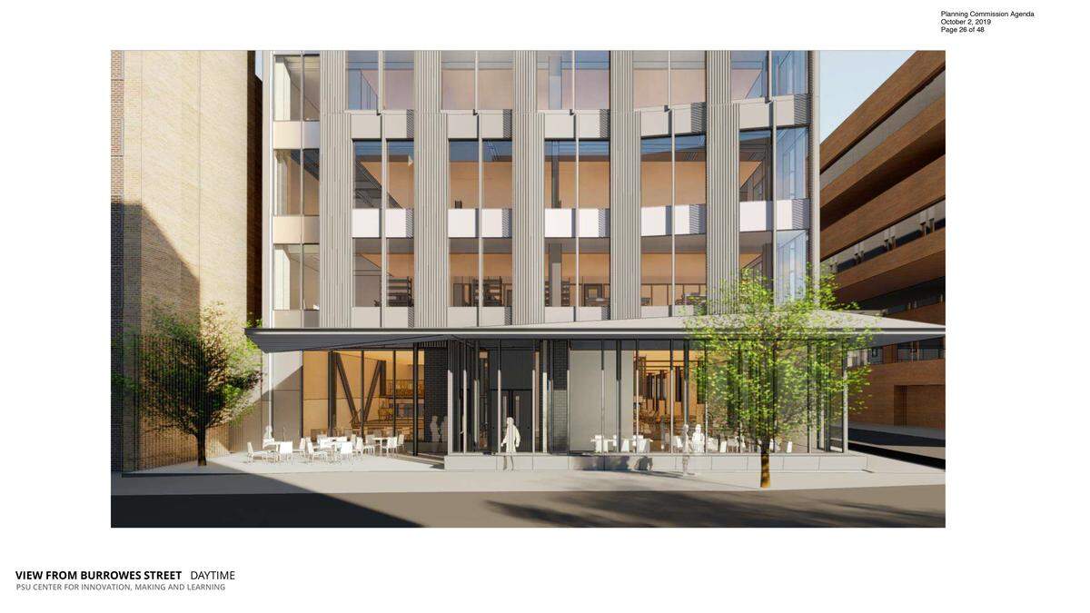A daytime rendering of the main South Burrowes Street entrance of the planned Center for Innovation, Making, and Learning, which will replace the James Building.