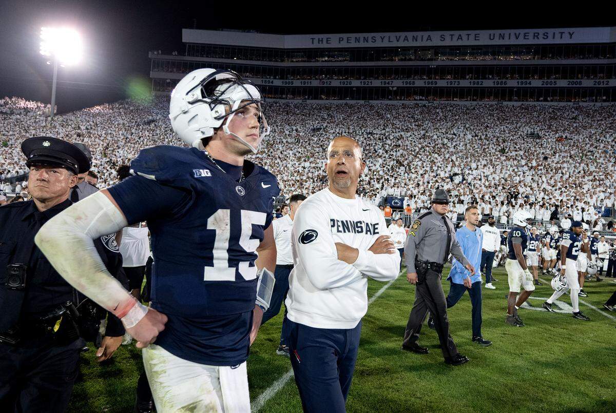 Penn State quarterback Drew Allar walks off the field in frustration after an interception ended the game against Oregon on Saturday, Sept. 27, 2025.  