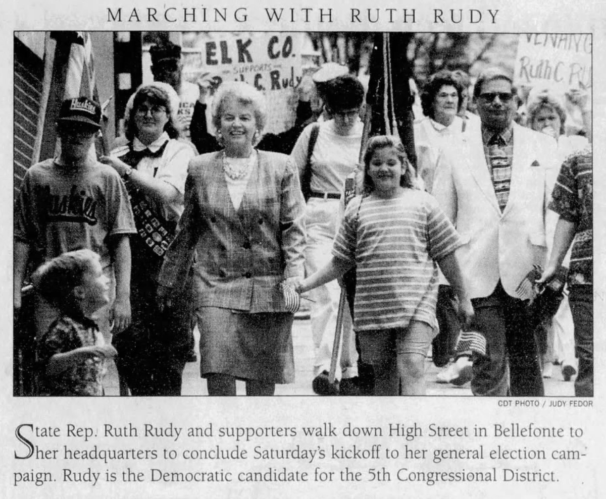 A photo from the May 5, 1996 Centre Daily Times shows Ruth Rudy kicking off her election campaign for the 5th Congressional District. She was unsuccessful in the run.