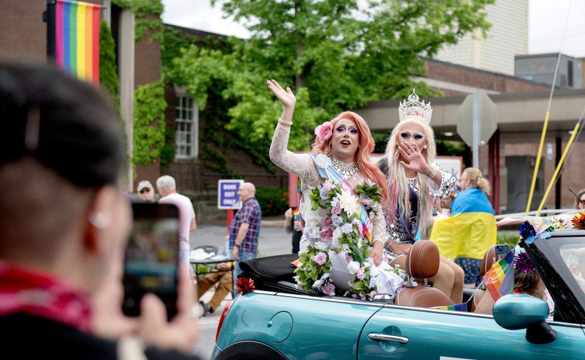 Trixy Valentine waves to the crowd as the Grand Marshall in the State College Pride parade on Saturday, June 7, 2025.