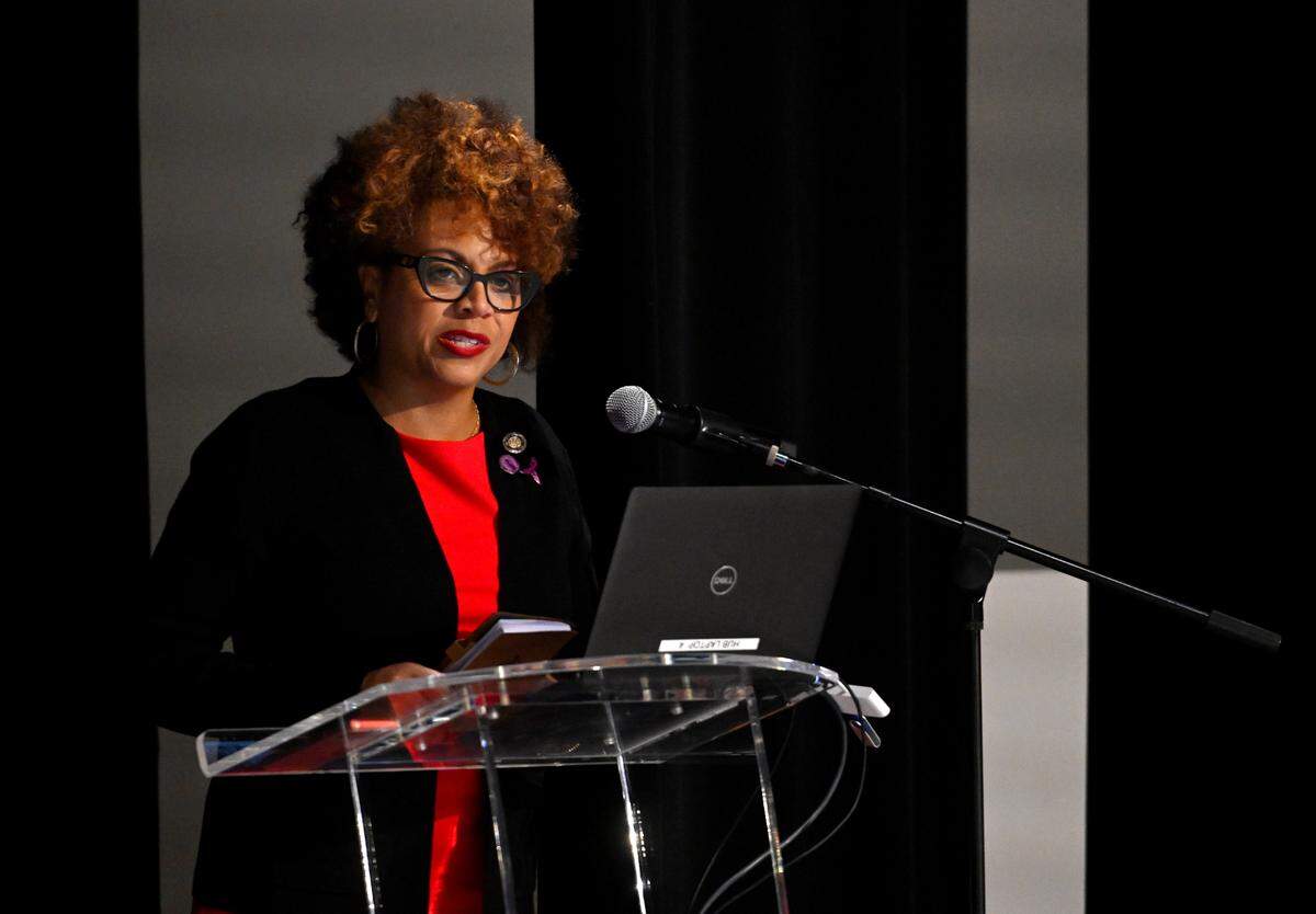 Rep. Gina Curry speaks during the teach-in event, “One Year Later: Still No Racial Justice at Penn State - Why?” at the HUB-Robeson Center on Thursday Oct. 19, 2023.