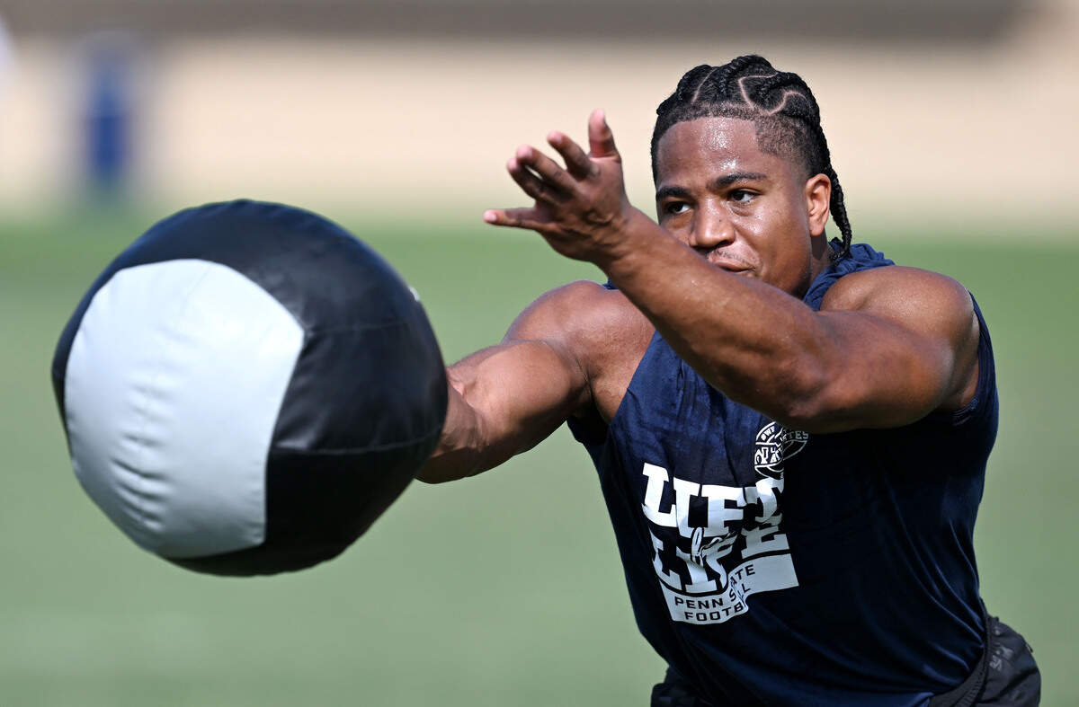 Penn State running back James Peoples competes in the weighted ball relay during Lift For Life on Wednesday, July 1, 2026.