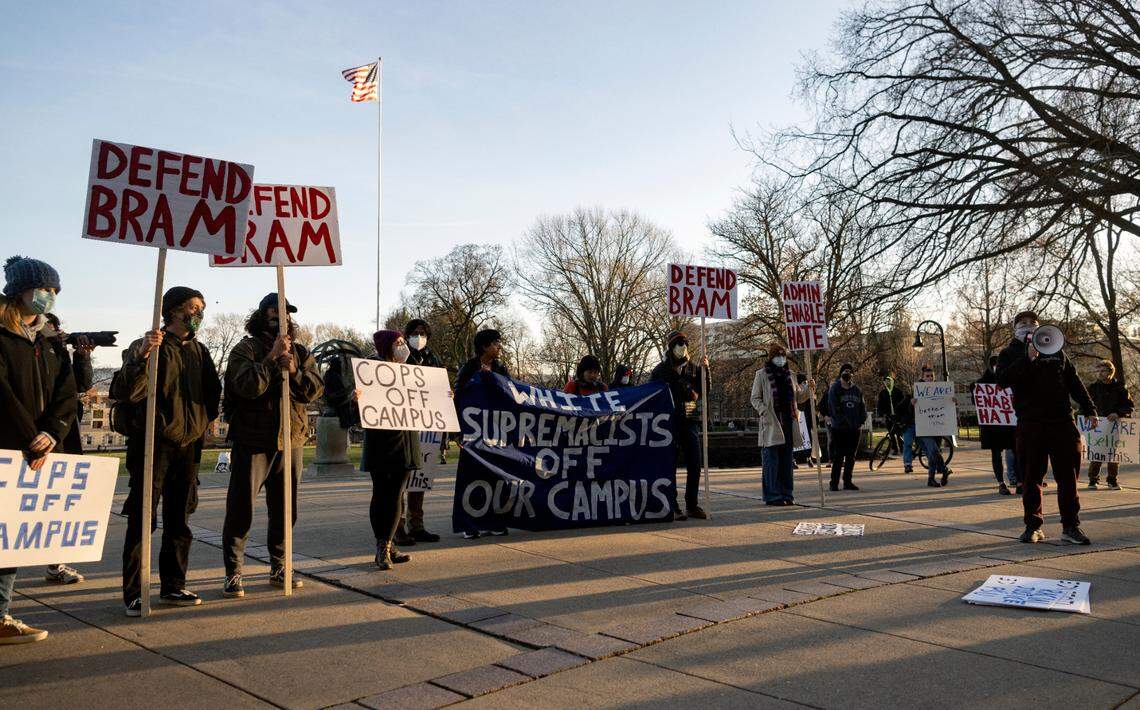 Student Committee for Defense and Solidarity holds a rally on Monday in support of a student who was arrested after an October protest of an event featuring the Proud Boys founder.