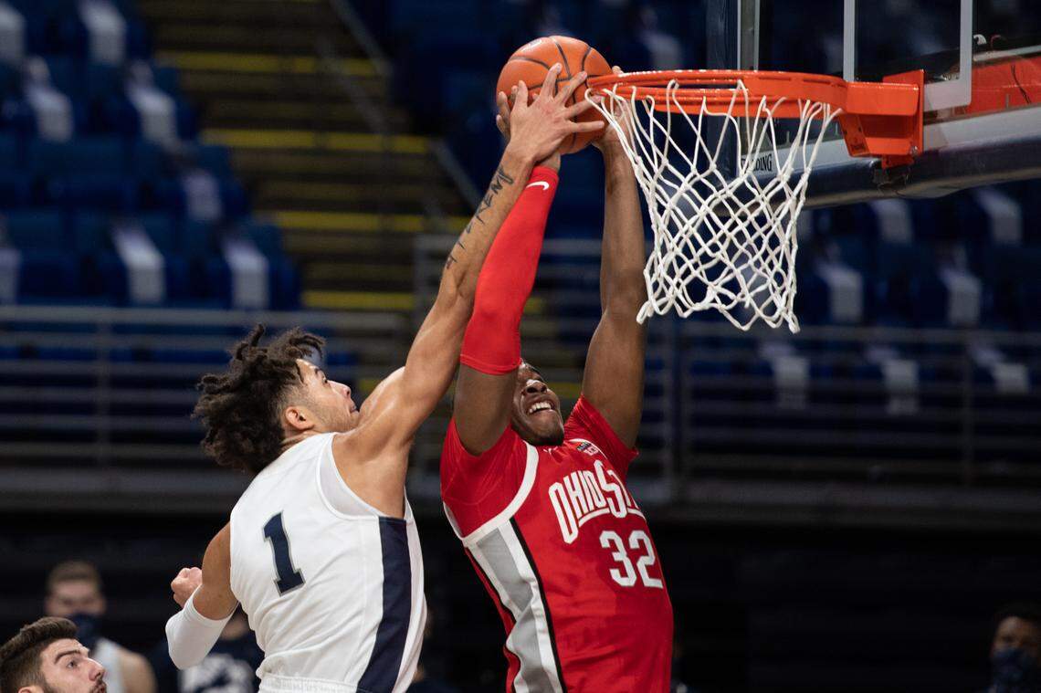 For Ohio State star E.J. Liddell (32) and the Buckeyes, Kentucky will be the seventh power-conference foe OSU has faced so far in the 2021-22 season.