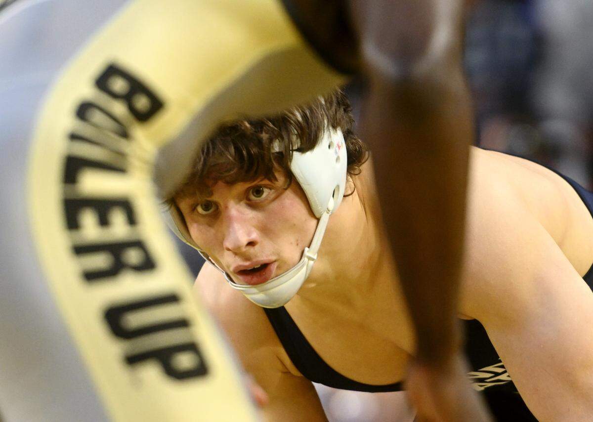 Penn State’s Levi Haines wrestles Purdue’s Kendall Coleman in a 157 lb semifinal bout of the Big Ten wrestling championships at the Crisler Center on Saturday, March 4, 2023.